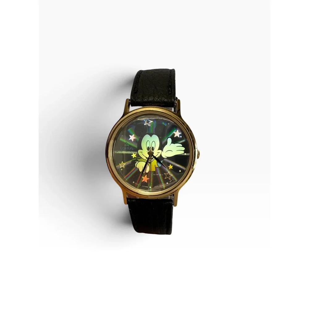 Vintage Lorus Mickey Mouse Watch Black Leather Band Holographic V515-8A00 WORKS!